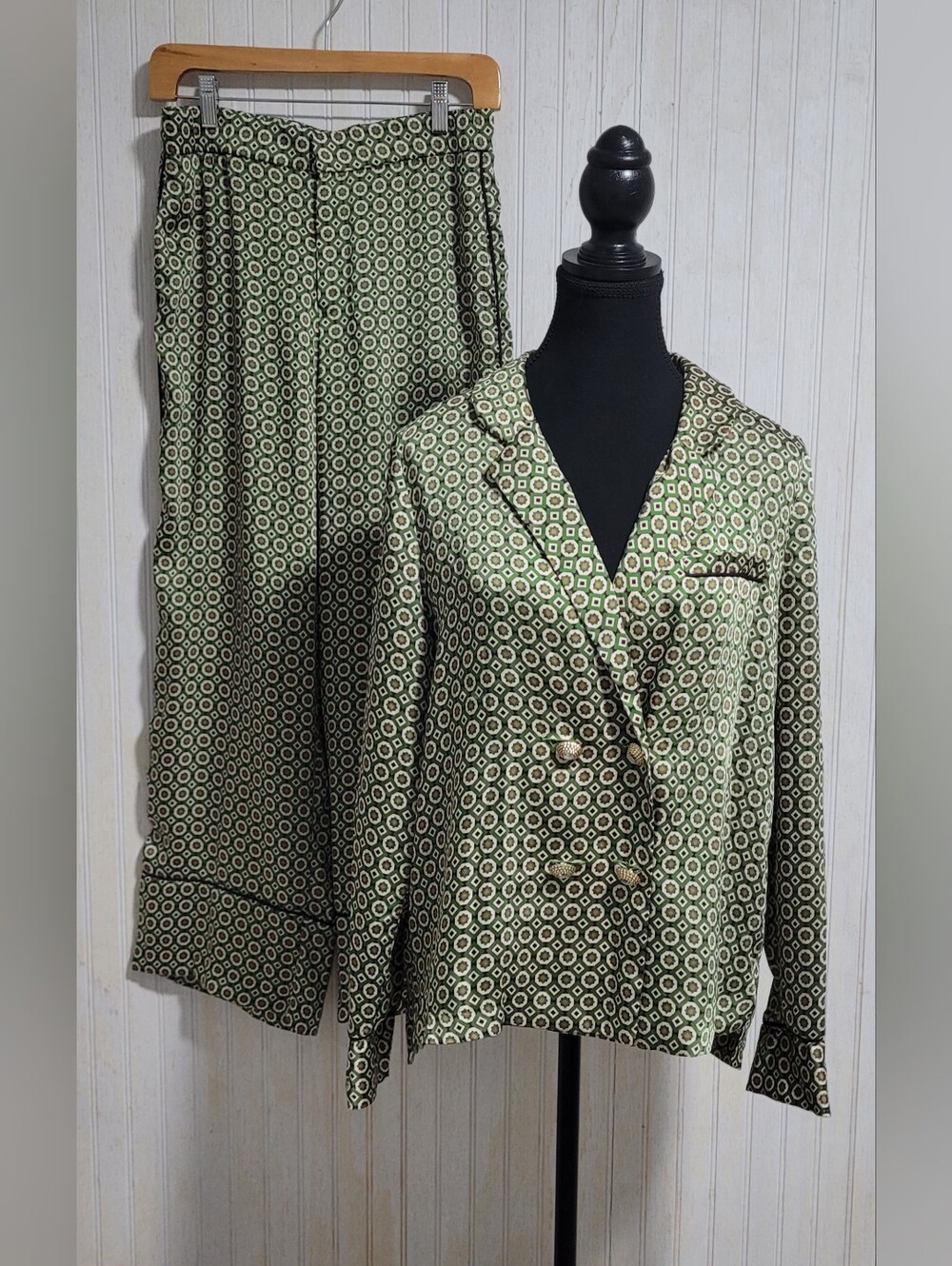 Zara Geometric Print Top S & Wide Leg Pants M Co-Ord Set Green Small/Medium